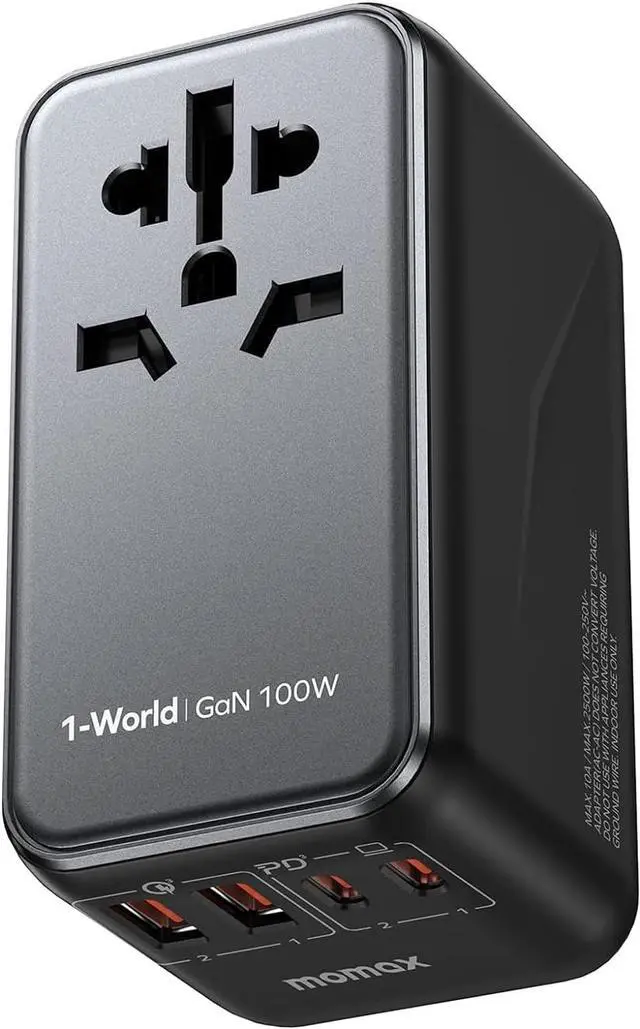 Main image of MOMAX Universal Travel Adapter, 100W Fast GaN International Power Adapter, 2PD USB-C+2QC USB-A Travel Adapter, US, UK, EU, AU Travel Adapter Worldwide for Laptops, Tablets, Phones, Vision Pro