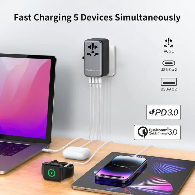 Alt view image 4 of 6 - MOMAX Universal Travel Adapter, 100W Fast GaN International Power Adapter, 2PD USB-C+2QC USB-A Travel Adapter, US, UK, EU, AU Travel Adapter Worldwide for Laptops, Tablets, Phones, Vision Pro