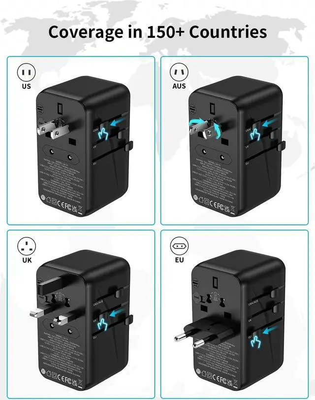 Alt view image 5 of 6 - MOMAX Universal Travel Adapter, 100W Fast GaN International Power Adapter, 2PD USB-C+2QC USB-A Travel Adapter, US, UK, EU, AU Travel Adapter Worldwide for Laptops, Tablets, Phones, Vision Pro