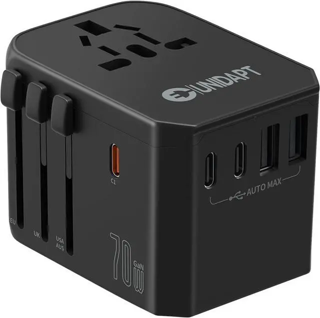 Main image of Unidapt Universal Travel Adapter, 70W International Plug Adapter with 3 USB-C PD Fast Charging & 2 USB-A Quick Charger Worldwide Adaptor for USA EU UK AUS Black (JY305-MAX)