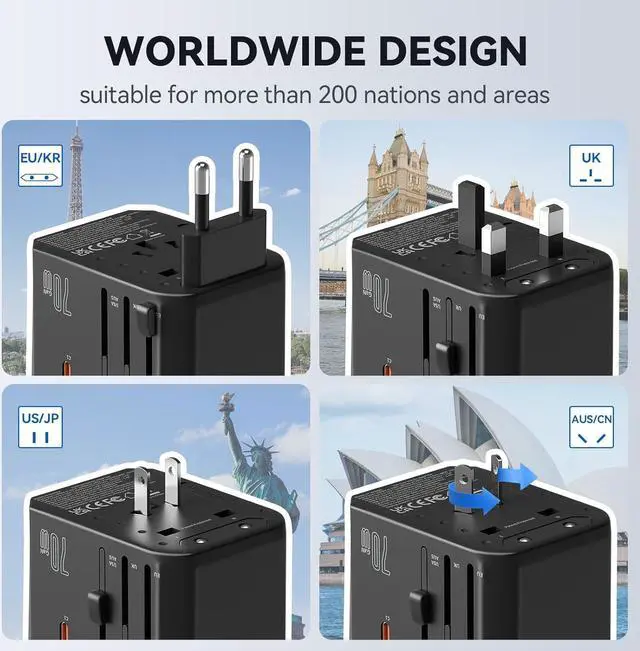 Alt view image 2 of 7 - Unidapt Universal Travel Adapter, 70W International Plug Adapter with 3 USB-C PD Fast Charging & 2 USB-A Quick Charger Worldwide Adaptor for USA EU UK AUS Black (JY305-MAX)