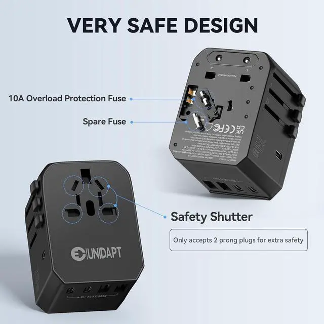 Alt view image 5 of 7 - Unidapt Universal Travel Adapter, 70W International Plug Adapter with 3 USB-C PD Fast Charging & 2 USB-A Quick Charger Worldwide Adaptor for USA EU UK AUS Black (JY305-MAX)