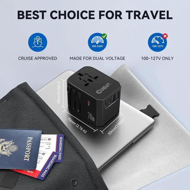 Alt view image 7 of 7 - Unidapt Universal Travel Adapter, 70W International Plug Adapter with 3 USB-C PD Fast Charging & 2 USB-A Quick Charger Worldwide Adaptor for USA EU UK AUS Black (JY305-MAX)