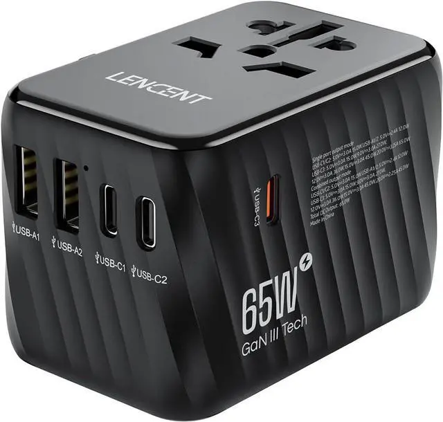Main image of LENCENT International Travel Adapter, 65W GaN3 Universal Fast Charger with 2 USB A + 3 Type C PD, Worldwide Power Adaptor for Phones,Laptops, All in One Travel Essentials for EU/USA/UK/AU, Black