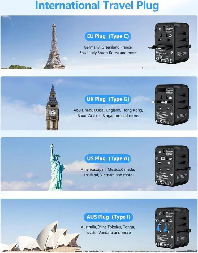 Alt view image 2 of 7 - LENCENT International Travel Adapter, 65W GaN3 Universal Fast Charger with 2 USB A + 3 Type C PD, Worldwide Power Adaptor for Phones,Laptops, All in One Travel Essentials for EU/USA/UK/AU, Black