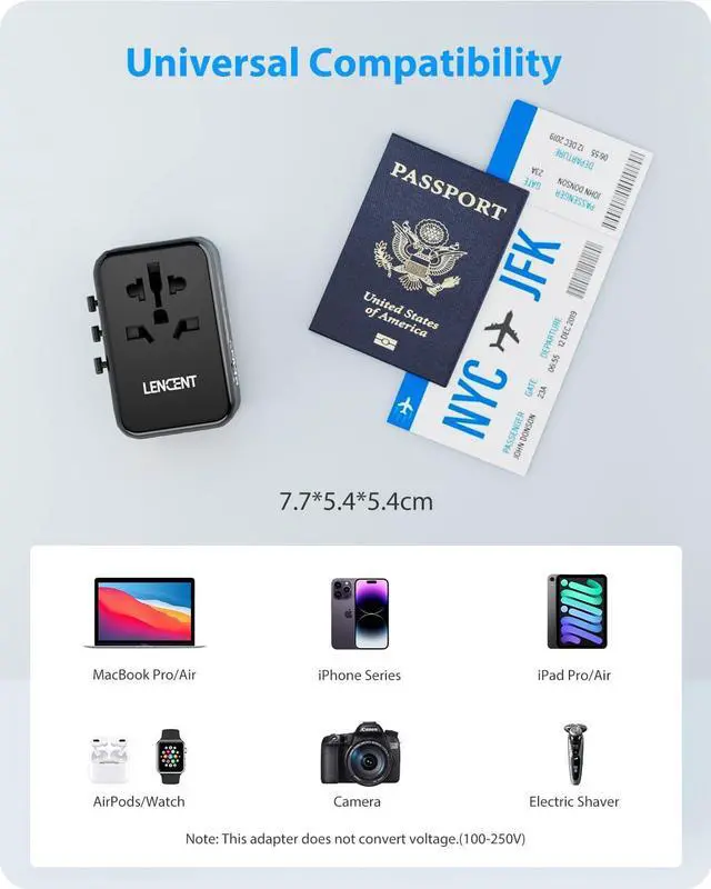 Alt view image 5 of 7 - LENCENT International Travel Adapter, 65W GaN3 Universal Fast Charger with 2 USB A + 3 Type C PD, Worldwide Power Adaptor for Phones,Laptops, All in One Travel Essentials for EU/USA/UK/AU, Black