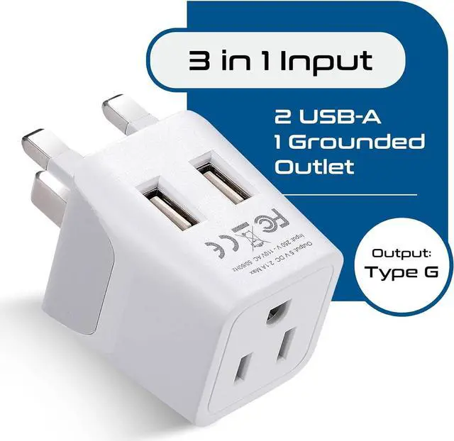 Alt view image 2 of 7 - Ceptics UK Travel Adapter Plug - with 2 USB + USA Socket Input - Type G - Ultra Compact - Safe Grounded Perfect for Cell Phones, Laptops, Camera Chargers