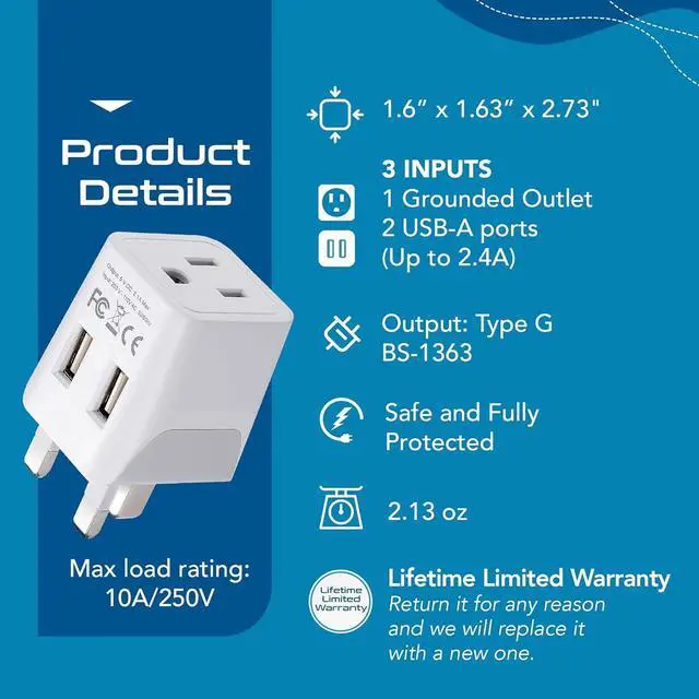Alt view image 3 of 7 - Ceptics UK Travel Adapter Plug - with 2 USB + USA Socket Input - Type G - Ultra Compact - Safe Grounded Perfect for Cell Phones, Laptops, Camera Chargers