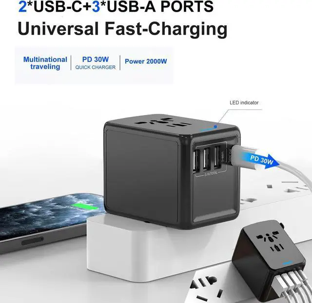 Alt view image 2 of 7 - USB-C PD 35W Universal Travel Adapter ,Fast International Travel Power Plug Adapter, 3*2.4A USB-A & 2*3A Tyep-C Multi AC Sockets, All-in-one Travel Outlet Power Adapter for EU US UK AU 200+ Countries