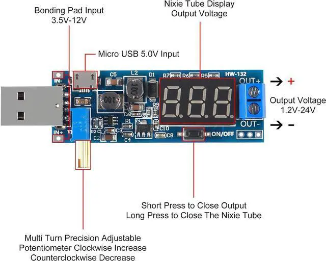 Alt view image 4 of 6 - 6pcs USB Buck Boost Converter 3.5V-12V to 1.2V-24V DC-DC Step Up Step Down Power Supply Module Voltage Regulator 5V to 3.3V 9V 12V 18V 24V