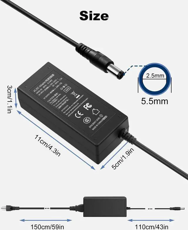 Alt view image 2 of 6 - 24 Volt 5 Amp Power Adapter 24V 5A Power Supply Adapter 100-240V 50-60Hz AC to DC Converter 24V 5A Power Supply with 5.5mm X 2.5mm DC Tip for LED Strip Light 3D Printer DC Pump etc.