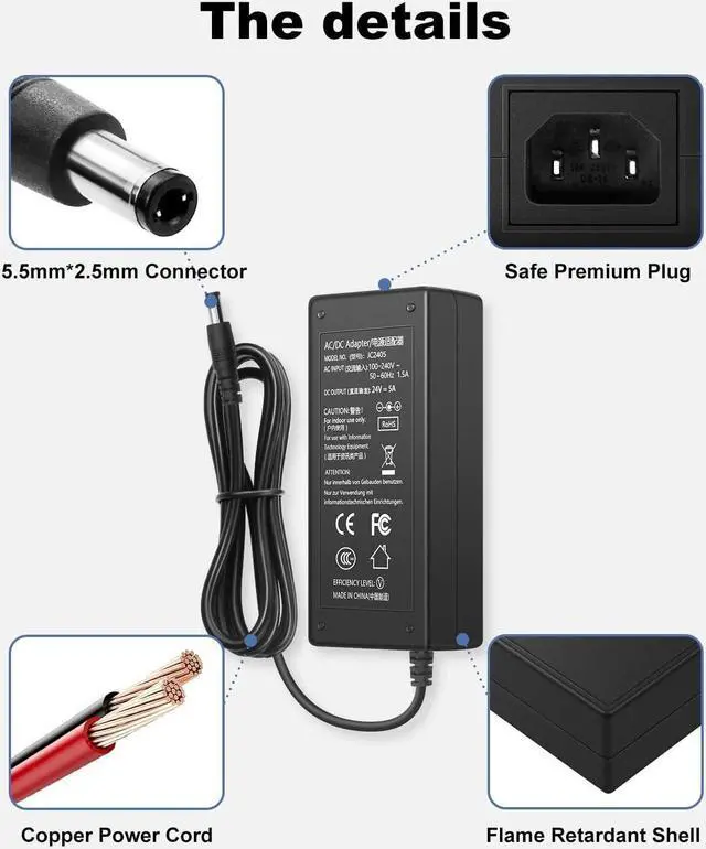 Alt view image 3 of 6 - 24 Volt 5 Amp Power Adapter 24V 5A Power Supply Adapter 100-240V 50-60Hz AC to DC Converter 24V 5A Power Supply with 5.5mm X 2.5mm DC Tip for LED Strip Light 3D Printer DC Pump etc.