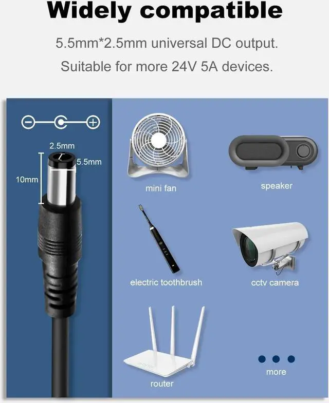 Alt view image 5 of 6 - 24 Volt 5 Amp Power Adapter 24V 5A Power Supply Adapter 100-240V 50-60Hz AC to DC Converter 24V 5A Power Supply with 5.5mm X 2.5mm DC Tip for LED Strip Light 3D Printer DC Pump etc.
