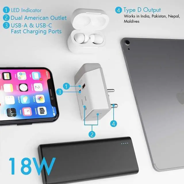 Alt view image 2 of 4 - Ceptics US to India Plug Adapter, Type D Plug Adapter QC 3.0 & PD, Safe Dual USB & USB-C 18W, India Plug Adapter Fast Charging - Powerful 2 USA Sockets - Use in Pakistan Nepal Sri Lanka - AP-10