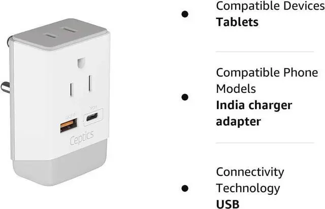 Alt view image 4 of 4 - Ceptics US to India Plug Adapter, Type D Plug Adapter QC 3.0 & PD, Safe Dual USB & USB-C 18W, India Plug Adapter Fast Charging - Powerful 2 USA Sockets - Use in Pakistan Nepal Sri Lanka - AP-10