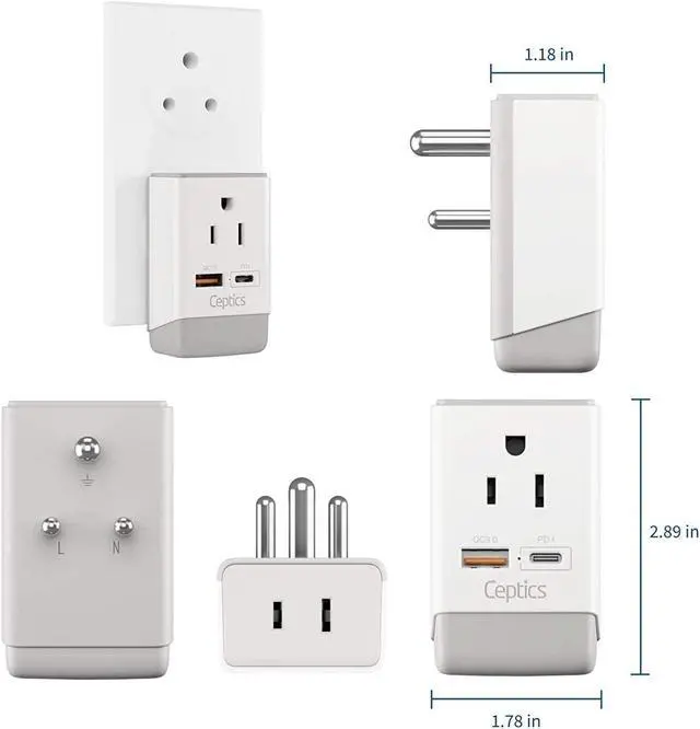 Alt view image 3 of 4 - Ceptics US to India Plug Adapter, Type D Plug Adapter QC 3.0 & PD, Safe Dual USB & USB-C 18W, India Plug Adapter Fast Charging - Powerful 2 USA Sockets - Use in Pakistan Nepal Sri Lanka - AP-10