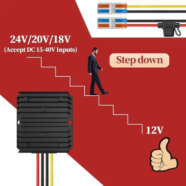 Alt view image 2 of 7 - 24VDC to 12VDC Converter 15A 180W, 18V to 12V Converter with Fuse Waterproof and Wire Terminal Block, Converter 24V to 12V for Cart LED Light Truck Vehicle Boat Solar System (Accept DC 15-40V Inputs)