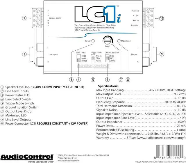 Alt view image 6 of 6 - AudioControl LC1i 2-Channel Line Out Converter and Line Driver