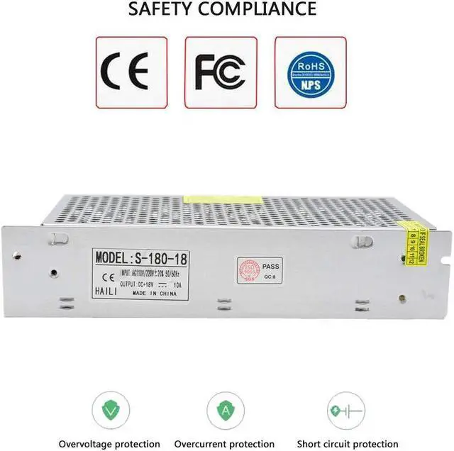 Alt view image 2 of 7 - Hailimayo 18V 10A Switching Power Supply, 180W Corded Electric Transformer, Industrial Automation, Electronic Equipment, Communications, CE, RoHS
