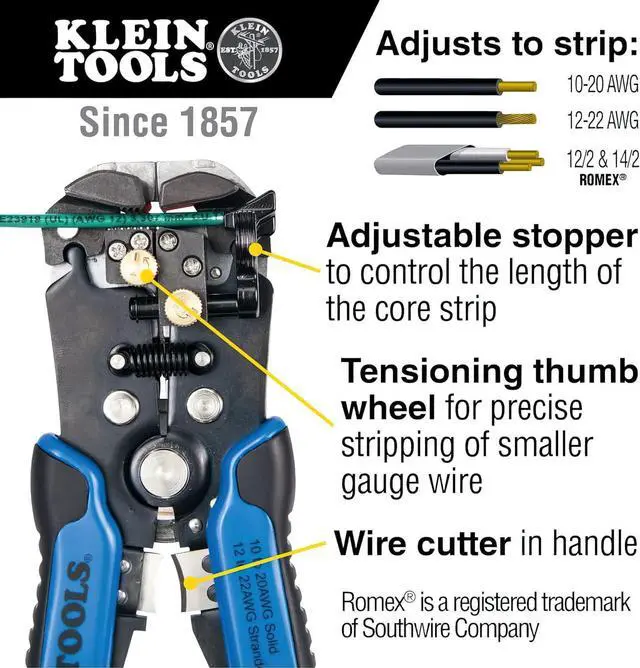 Alt view image 2 of 7 - Klein Tools 11061 Self-Adjusting Wire Stripper / Cutter, Heavy Duty, for 10-20 AWG Solid, 12-22 AWG Stranded, and Romex Wire 12/2 and 14/2