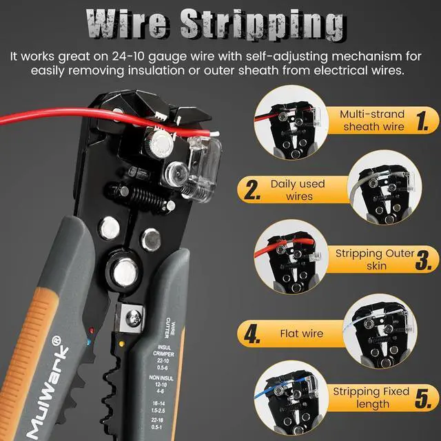 Alt view image 2 of 7 - 3-In-1 Multi Self Adjusting Wire Stripper/Cutter/Crimper - 8-Inch Universal Wire Stripper for Wire Stripping, Cable Cutting, Crimping Tools from 10 AWG to 24 AWG