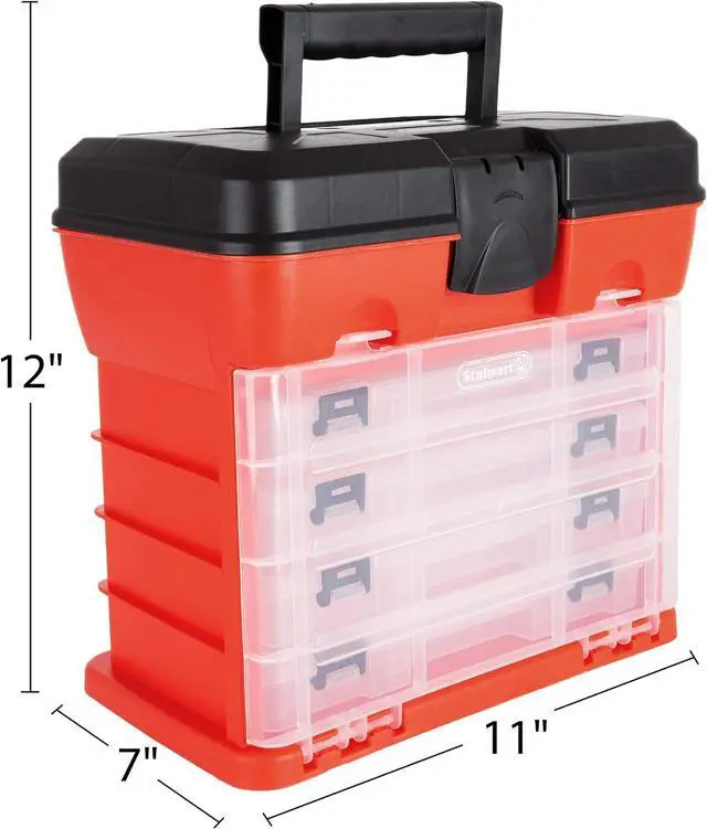 Alt view image 3 of 7 - Small Parts Organizer Box - 11-Inch Portable Storage Case with 4 Removable Multi-Compartment Trays for Screws, Beads, Small Fishing Tackle, Hardware, and Craft Supplies by Stalwart (Red)