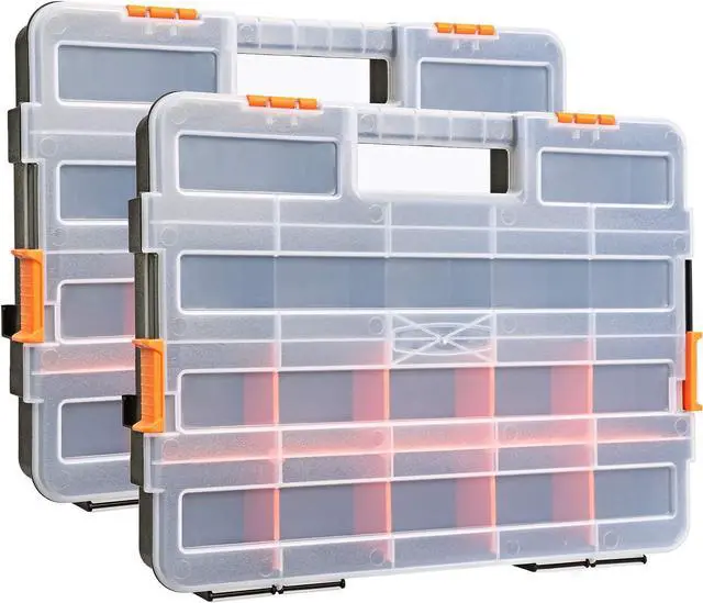 Main image of MIXPOWER 15-inch 2pcs Toolbox Organizer Sets, 20 Removable Dividers, Durable Plastic Box, Excellent for Screws, Nuts, Small Parts, 34-Compartment Black/Orange 2 Pieces Set
