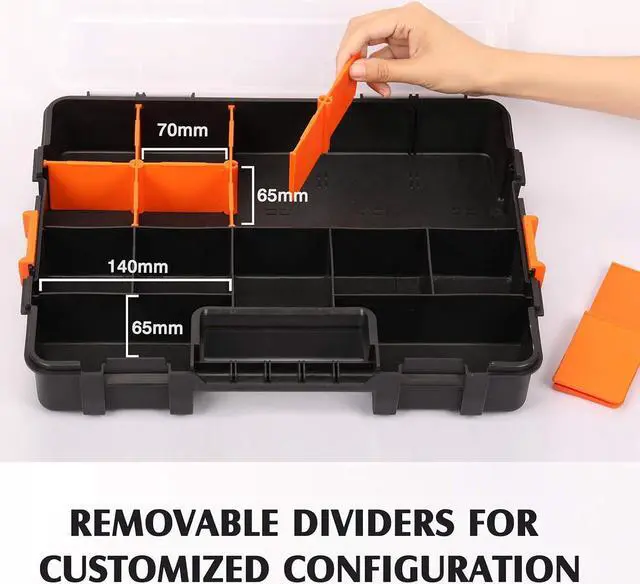 Alt view image 3 of 7 - MIXPOWER 15-inch 2pcs Toolbox Organizer Sets, 20 Removable Dividers, Durable Plastic Box, Excellent for Screws, Nuts, Small Parts, 34-Compartment Black/Orange 2 Pieces Set