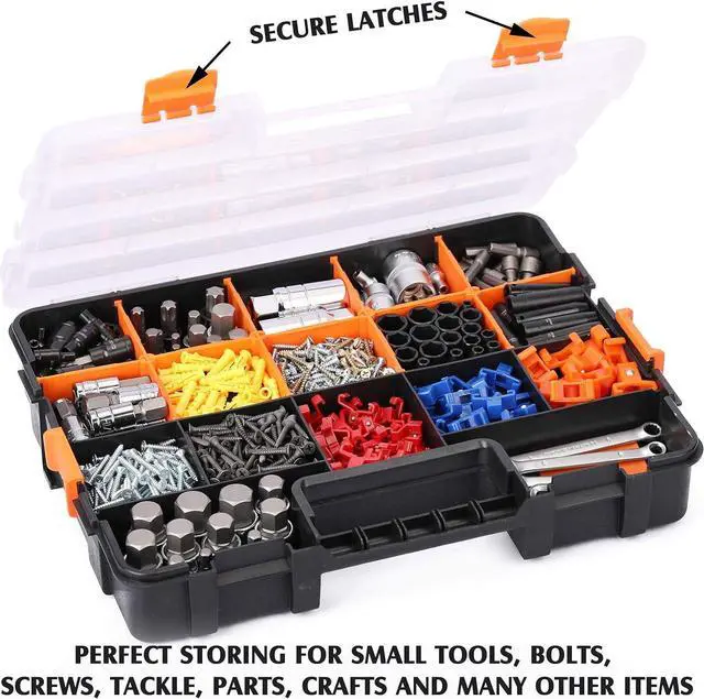 Alt view image 5 of 7 - MIXPOWER 15-inch 2pcs Toolbox Organizer Sets, 20 Removable Dividers, Durable Plastic Box, Excellent for Screws, Nuts, Small Parts, 34-Compartment Black/Orange 2 Pieces Set