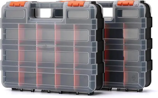 Alt view image 2 of 7 - EMENTOL 2PCS Double Side Tool Organizer with Impact Resistant Polymer and Customizable Removable Plastic Dividers, Hardware Box Storage, Excellent for Screws, Nuts, 34-Compartment, Black/Orange