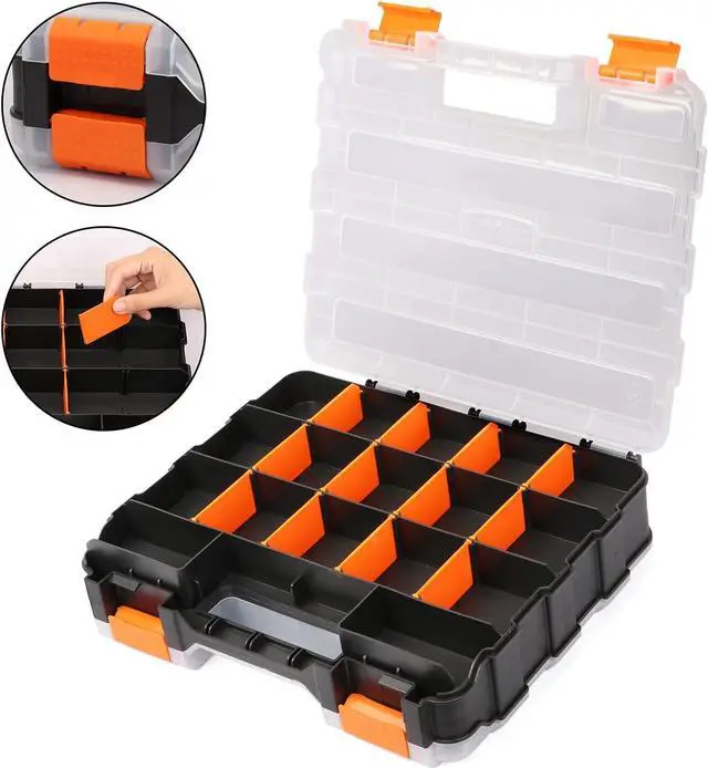Alt view image 3 of 7 - EMENTOL 2PCS Double Side Tool Organizer with Impact Resistant Polymer and Customizable Removable Plastic Dividers, Hardware Box Storage, Excellent for Screws, Nuts, 34-Compartment, Black/Orange