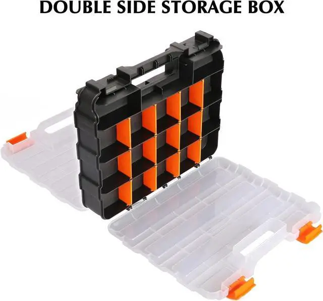 Alt view image 4 of 7 - EMENTOL 2PCS Double Side Tool Organizer with Impact Resistant Polymer and Customizable Removable Plastic Dividers, Hardware Box Storage, Excellent for Screws, Nuts, 34-Compartment, Black/Orange