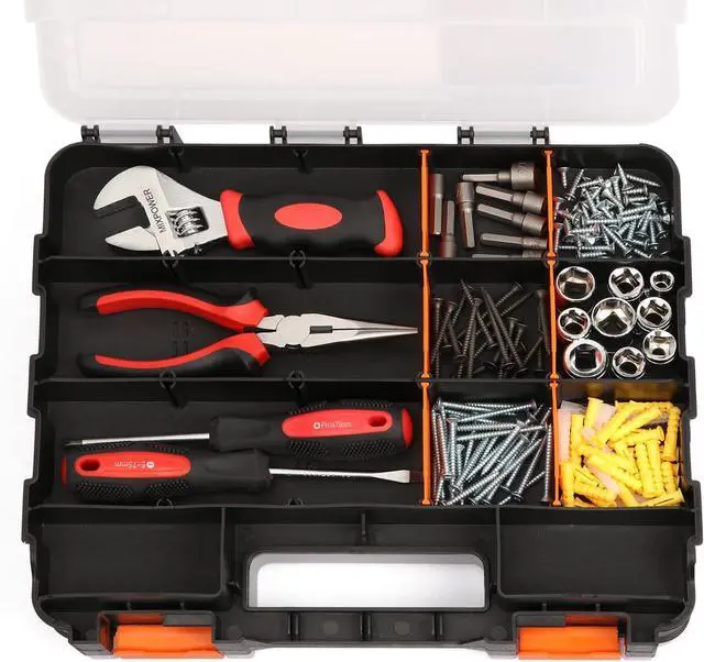 Alt view image 5 of 7 - EMENTOL 2PCS Double Side Tool Organizer with Impact Resistant Polymer and Customizable Removable Plastic Dividers, Hardware Box Storage, Excellent for Screws, Nuts, 34-Compartment, Black/Orange