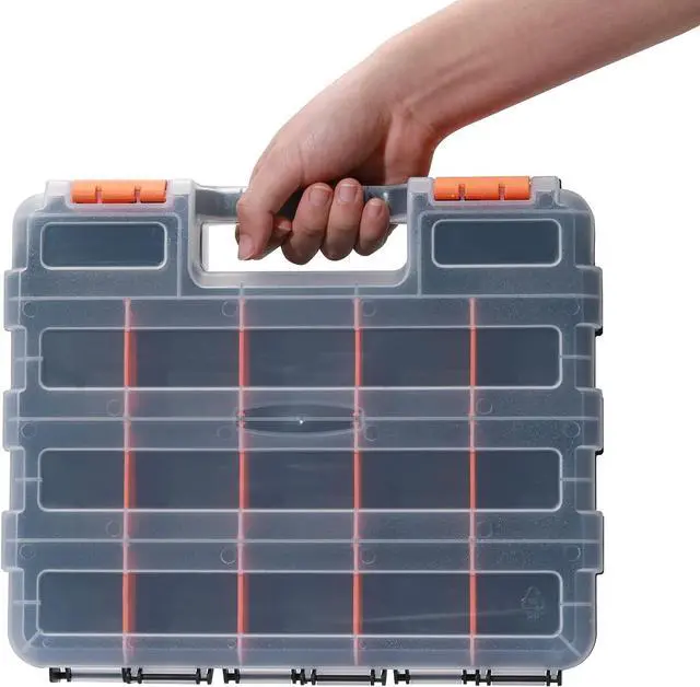 Alt view image 6 of 7 - EMENTOL 2PCS Double Side Tool Organizer with Impact Resistant Polymer and Customizable Removable Plastic Dividers, Hardware Box Storage, Excellent for Screws, Nuts, 34-Compartment, Black/Orange