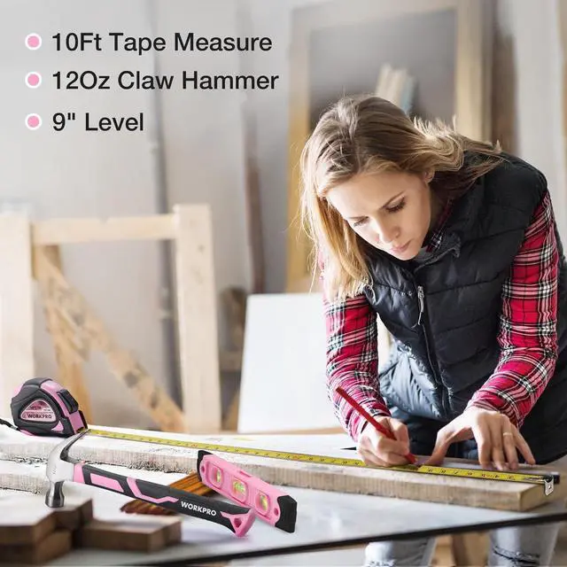 Alt view image 5 of 7 - WORKPRO Pink Tool Kit - Hand Tool Set with Easy Carrying Round Pouch - Durable, Long Lasting Chrome Finish Tools - Household Tool Kit Perfect for DIY, Home Maintenance - Pink Ribbon