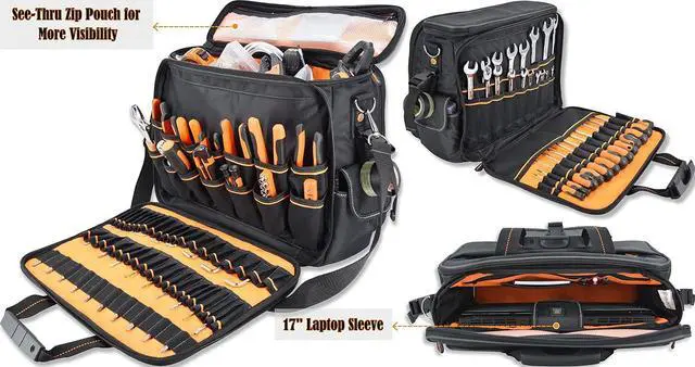 Alt view image 4 of 7 - 88-Pockets Electrician tool bag, Electricians tool bag, Electrician bag, Electrical tool bags, Technician tool bag, Computer technician bag, Laptop tool bag, HVAC tool bag