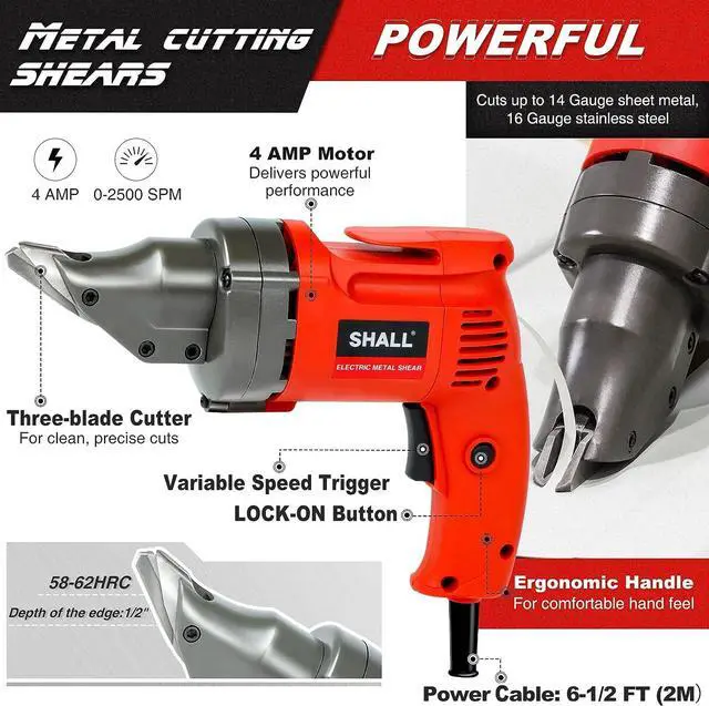 Alt view image 2 of 7 - SHALL Electric Metal Cutting Shear, 4.0-Amp Corded Sheet Metal Cutter, Variable Speed with 360 Degree Swivel Head, Continuous Cutting, Clean Cut for 14GA Sheet Metal & 16GA Stainless Steel, 2500 SPM