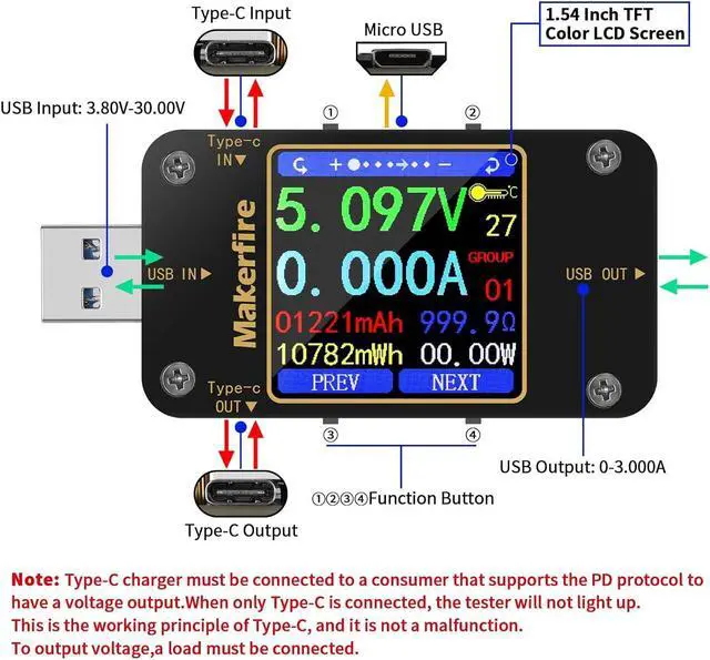 Alt view image 2 of 7 - MakerHawk USB Multimeter USB Voltmeter Ammeter Load Tester USB Voltage Current PD Battery Power Capacity Charger Type C Meter Tester LCD Display Cable Resistance QC2.0/3.0/4.0 N20 1.54 Inch Screen
