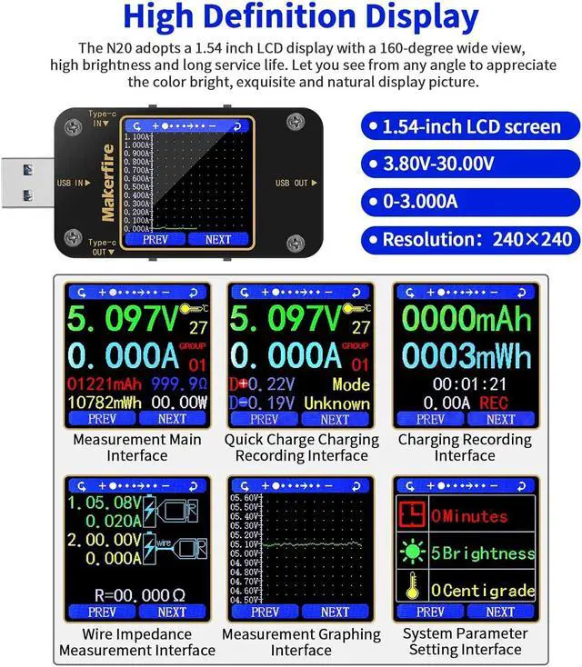 Alt view image 3 of 7 - MakerHawk USB Multimeter USB Voltmeter Ammeter Load Tester USB Voltage Current PD Battery Power Capacity Charger Type C Meter Tester LCD Display Cable Resistance QC2.0/3.0/4.0 N20 1.54 Inch Screen