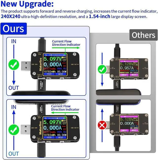 Alt view image 4 of 7 - MakerHawk USB Multimeter USB Voltmeter Ammeter Load Tester USB Voltage Current PD Battery Power Capacity Charger Type C Meter Tester LCD Display Cable Resistance QC2.0/3.0/4.0 N20 1.54 Inch Screen