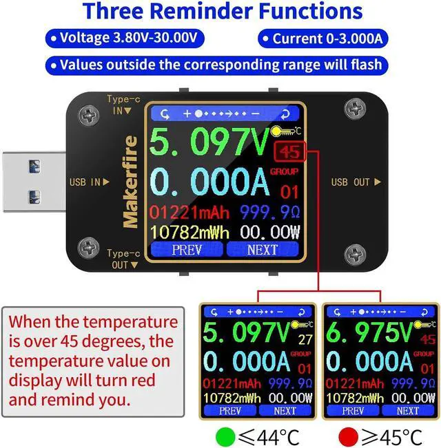 Alt view image 6 of 7 - MakerHawk USB Multimeter USB Voltmeter Ammeter Load Tester USB Voltage Current PD Battery Power Capacity Charger Type C Meter Tester LCD Display Cable Resistance QC2.0/3.0/4.0 N20 1.54 Inch Screen