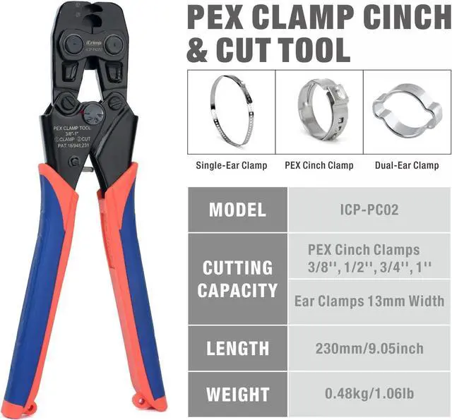 Alt view image 2 of 7 - iCrimp ICP-PC02 PEX Clamp Tool for Pinching and Removing Stainless Steel PEX Clamp Rings, 3/8", 1/2", 3/4", 5/8" and 1", PEX Clamp Removal Tool