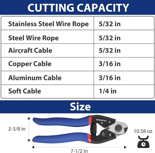 Alt view image 2 of 7 - WORKPRO Cable Cutter, 7-1/2 Inch Heavy Duty Wire Rope Cutter | Cr-V Steel Wire Cable with Safety Lock, Non-Slip Handle For Hard Wire Ropes, Steel Wires And Aircraft Cables