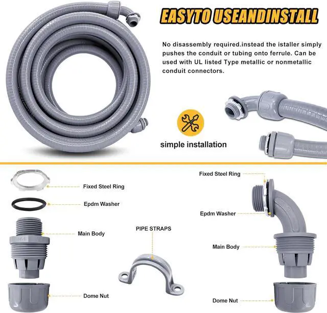 Alt view image 4 of 7 - 1-1/2 inch 25 Foot Liquid-Tight Conduit Kit, Flexible Non Metallic Electrical Conduit and Connector Kit, With 4 Straight and 3 Angle Fittings