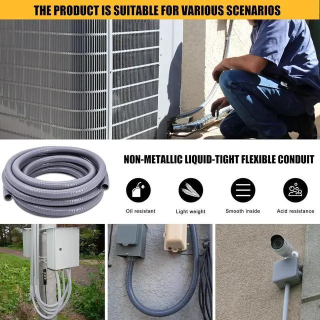 Alt view image 7 of 7 - 1-1/2 inch 25 Foot Liquid-Tight Conduit Kit, Flexible Non Metallic Electrical Conduit and Connector Kit, With 4 Straight and 3 Angle Fittings