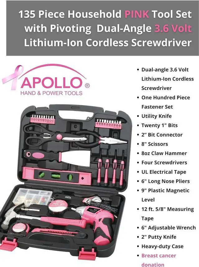 Alt view image 7 of 7 - Apollo 135 Piece Household Tool Kit Pink with Pivoting Dual-Angle 3.6 V Lithium-Ion Cordless Screwdriver - DT0773N1