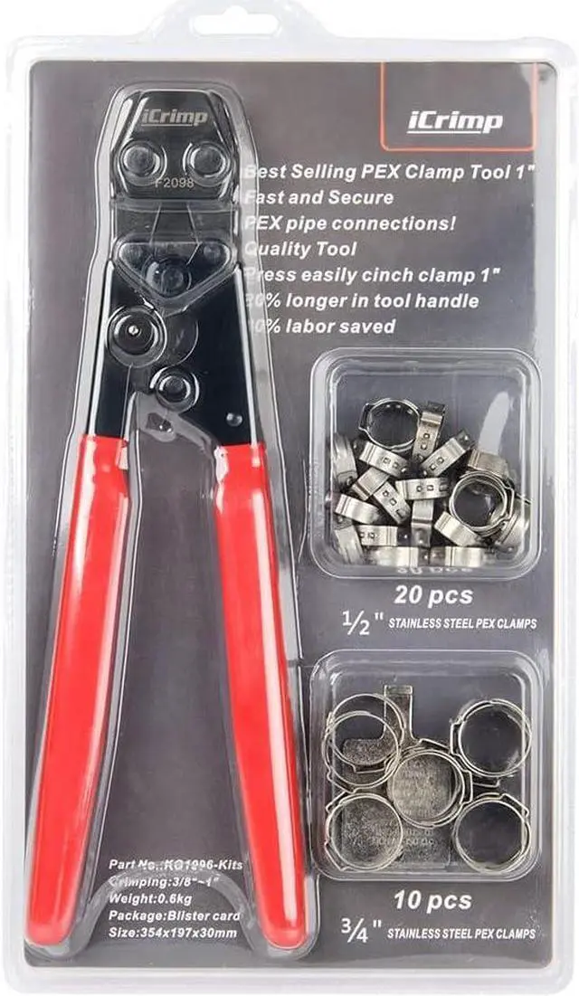 Main image of IWISS PEX Cinch Clamp Crimping Tool for Stainless Steel Clamps from 3/8-inch to 1-inch with Calibration Gauge 20pcs 1/2-inch and 10 pcs 3/4-inch Clamps Suit ASTM F2098 Standards