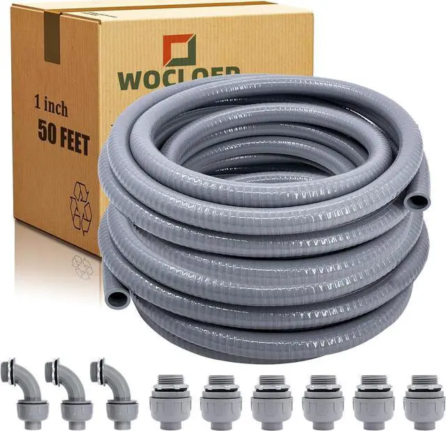 Main image of Wocloer Liquid-Tight Conduit - 1inch 50 Foot Flexible Non Metallic Liquid Tight Electrical Conduit Kit, with 6 Straight and 3 Angle Fittings Included. 1" Dia