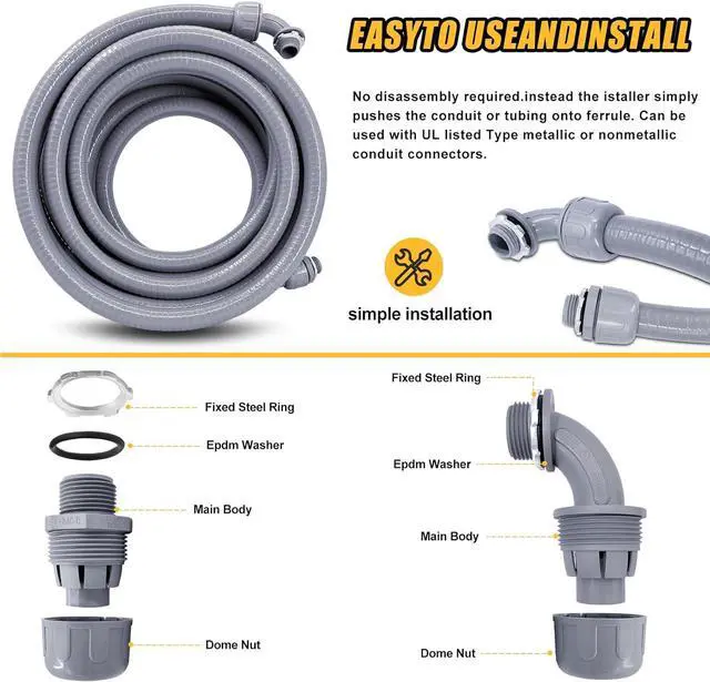 Alt view image 4 of 7 - Wocloer Liquid-Tight Conduit - 1inch 50 Foot Flexible Non Metallic Liquid Tight Electrical Conduit Kit, with 6 Straight and 3 Angle Fittings Included. 1" Dia