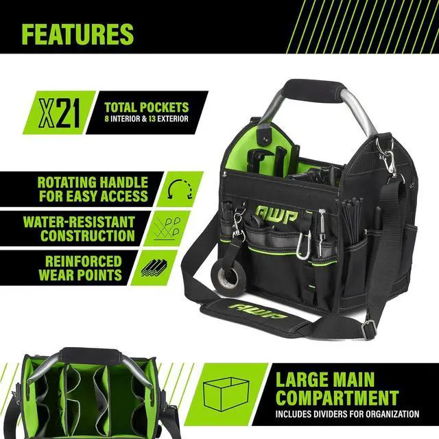 Alt view image 2 of 7 - AWP 12 Inch Pro Tool Tote with Rotating Handle for Easy Tool Access, Water-Resistant Construction